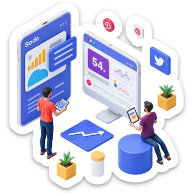 montage of AI tools creating social media ads, futuristic, clean, fast-paced, with logos and analytics elements, skeuomorphism icon style sticker