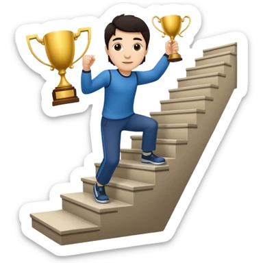A man with fair skin and dark hair is climbing stairs to grab a trophy on the top step. sticker