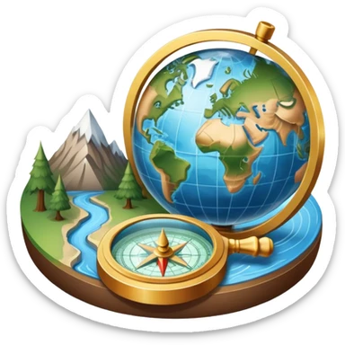 An icon featuring a globe, a compass, and a topographic map, symbolizing geography. The design includes mountain ranges, rivers, and a magnifying glass, representing the study of Earth's landscapes, features, and spatial relationships. Transparent background highlights geographic exploration. sticker