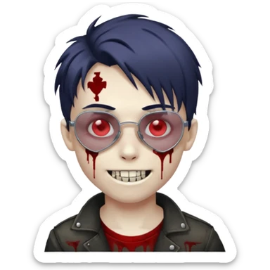 Zombie emo boy, chrome heart glasses and a scary smile, scars and blood under eyes sticker