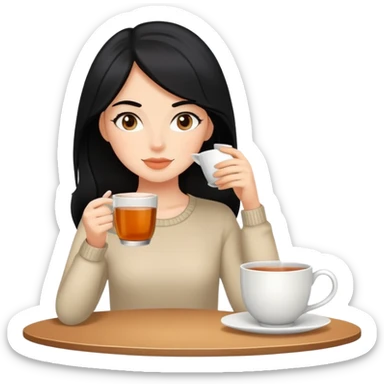 white girl with black hair doing self care, drinking tea, relaxing sticker