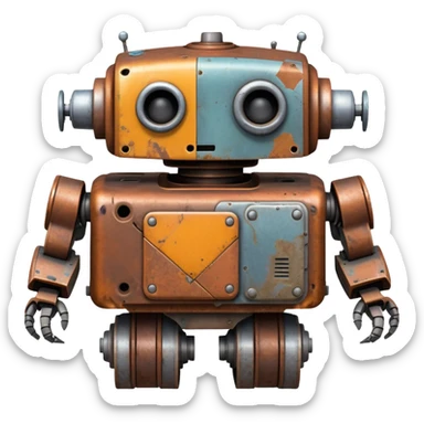 Rusted scavenger robot with patchwork body plates sticker