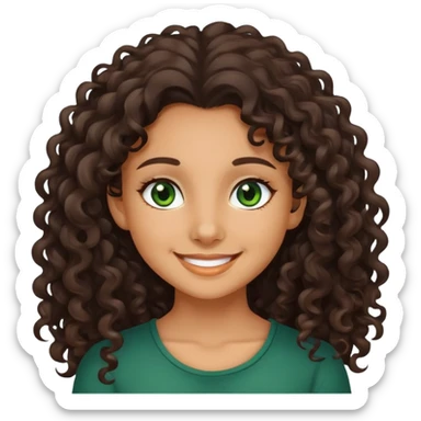smiling girl with long dark curly hair and dark green eyes sticker