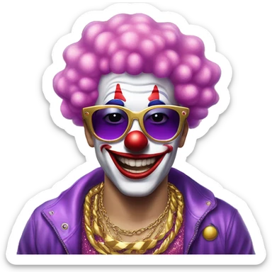 Clowning wearing pink sunglasses, glitter shirt, clown has pink and purple hair, gold chain,  sticker