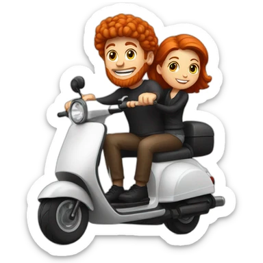 Red Headed man riding a black scooter with a girl on the back sticker