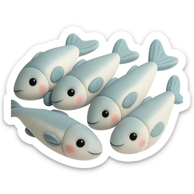 Edit the image to show a group of anchovies with cute faces in fondant cake art style, pastel palette, no background, and no text. sticker