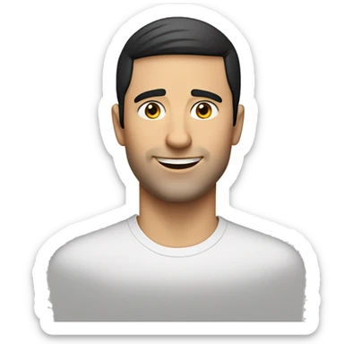 A 30 year old, caucasian man, with short black hair,   wearing a tshirt. sticker