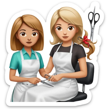 woman in apron sitting in salon chair, female hairstylist behind her with scissors sticker