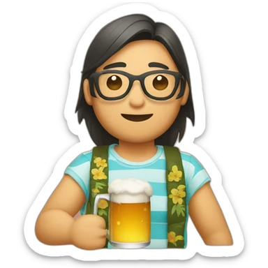 Japanese wearing roundglasses alohashirt is holding beer sticker