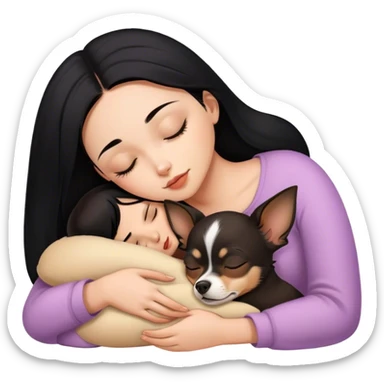 Girl with black hair sleeping with brown chihuahua  sticker