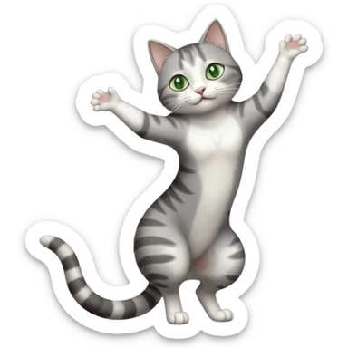 grey and white cat with green eyes doing a big extremely long stretch reaching up into the air with arms and legs side by side together straight and overextended whilst lying on its side sticker