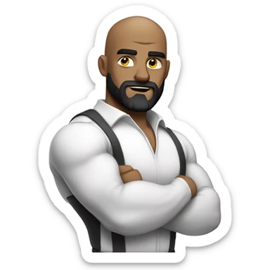 Muscular man flexing, bald, dark beard in a white shirt sticker