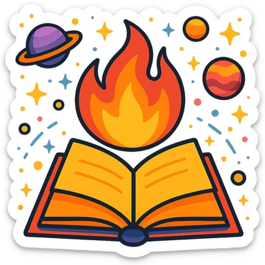book and fire icon for a fun event, with space background, planets and stars, lively and colorful sticker