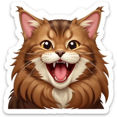 Cinematic Cute Brown Maine Coon Cat Portrait Emoji, Head tilted playfully while yawning exaggeratedly, sleek brown and black fur with a majestic mane, Simplified yet hilariously adorable features, highly detailed, glowing with a warm, confident glow, high shine, mischievous yet lazy, stylized with a touch of playful whimsy, bright and endearing with a comical, yawning expression, soft glowing outline, capturing the essence of a quirky yet loving and lazy kitty, so meme-worthy it feels like it could stretch out of the screen and demand attention in the most dramatic way! sticker