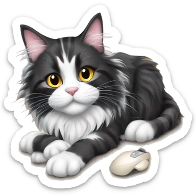 A black and white Maine Coon cat stands on the floor with his paws and holds a mouse in his hands sticker