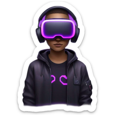 Cyberpunk style. Violet neon. boy with white-light skin in the black hoody with violet OMG VR logo on it wearing vr headset oculus quest 2 sticker