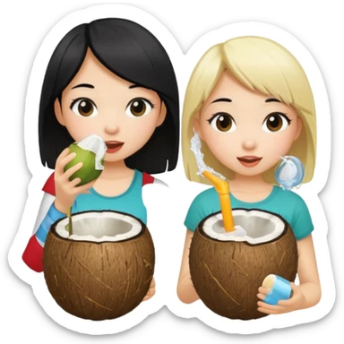 Two girls drinking out of a coconut one is Asian with black hair the other is white with blonde hair  sticker