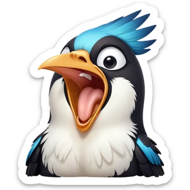 Cinematic Cute Yawning Magpie Portrait Emoji, Head tilted slightly with a dramatic, wide-open yawn, showcasing a sleek, contrasting feathered form with softly drooping wings and sleepy, half-closed eyes, Simplified yet irresistibly adorable features, highly detailed, glowing with a soft, cozy urban glow, high shine, relaxed yet expressive, stylized with a dash of whimsical charm, soft glowing outline, capturing the essence of a drowsy yet affectionate magpie that appears ready to stretch out for a nap! sticker