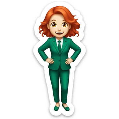 a girl with red hair, wearing an emerald pantsuit, ((cheerful, laughing)), surrounded by a white outline, on a transparent background sticker