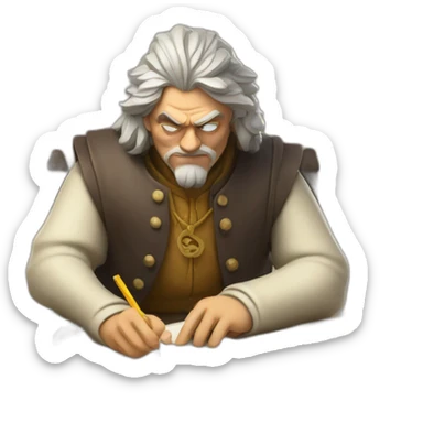 middle ages taxman, angry, writing on a paper, pile of gold sticker