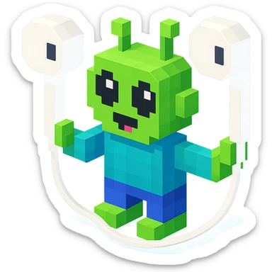 white EarPods headphones floating in space with a cartoonish alien holding them sticker