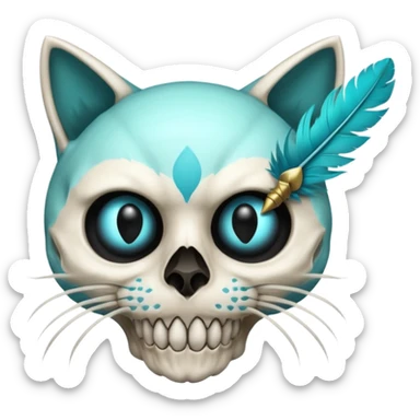 black-eye-sockets cat-skull with cyan feathers sticker