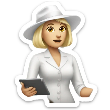 a woman in a white hat with a tablet in her hand is standing in the audience sticker