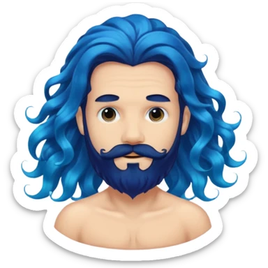 male with extremely wavy, flowing blue mermaid hair and a very dark, full black beard, emoji style sticker