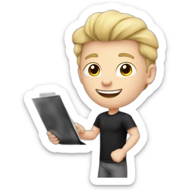 Pale skinned Fit Man With the biceps and blonde hair in black shirt, gray sports shorts and white Sneakers Writing text on the flipchart sticker