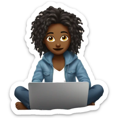 girl with blue eyes and disheveled hair sits on bed and looks at laptop with mug in hands sticker