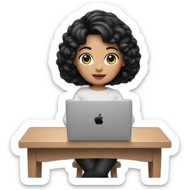 memoji of a female with a modern apple laptop in front, black hair, white skin, black sweater, computer in hand --ar1:1 sticker