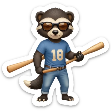 mischievous anthropomorphised honey badger in jeans and a t-shirt, wearing sunglasses, holding a baseball bat over shoulder sticker