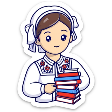 Young Ukrainian librarian wearing a traditional white embroidered vyshyvanka shirt with books sticker