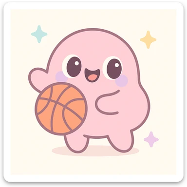 silly pink character holding a basketball, cute and playful expression, kawaii style sticker