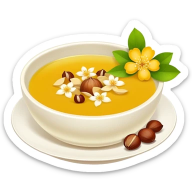 Hangzhou Osmanthus Cassia Soup with chestnuts and flower petals, simplified emoji style with bold outlines and bright colors, cartoon style fragrant dessert bowl sticker