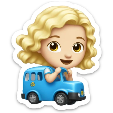 Baby Blonde hair blue eye playing with toy bus sticker