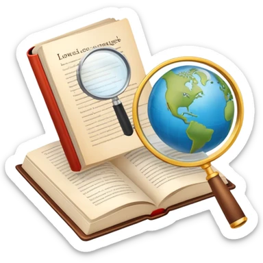 An icon featuring an open book, a speech bubble, and a magnifying glass, symbolizing the study of language and linguistics. The design includes letters, words, and a globe, representing the analysis of languages and communication across cultures. Transparent background. sticker