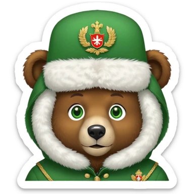 Sweet brown bear face with green eyes, white fluffy ushanka hat with very visible Russian Federation coat of arms in center, iOS emoji style sticker