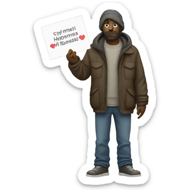 homeless man full body standing with a sign sticker