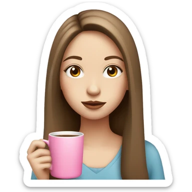 girl with pale skin and brown long hair sipping from pink mug sticker