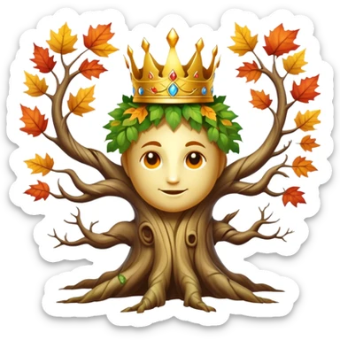 Create a mystical forest guardian with the ancient wisdom of a sentient tree whose twisted trunk supports a crown of vibrant autumn foliage surrounding a cheerful, sun-like face that blooms with seasonal energy.


 sticker