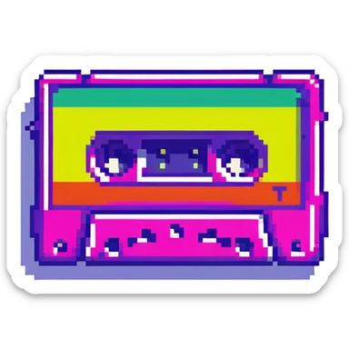 icon representing the 1980s with retro elements like cassette tape, neon colors, and geometric shapes sticker