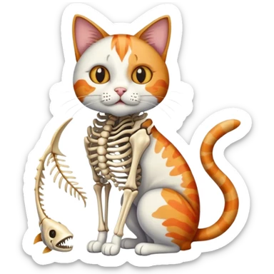 cat full body sitting with fish skeleton in mouth sticker