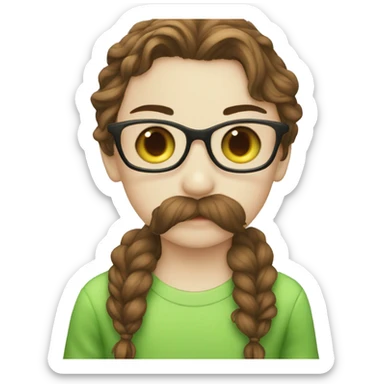 A boy with brown hair and a mustache is kissing a green haired girl wearing glasses sticker