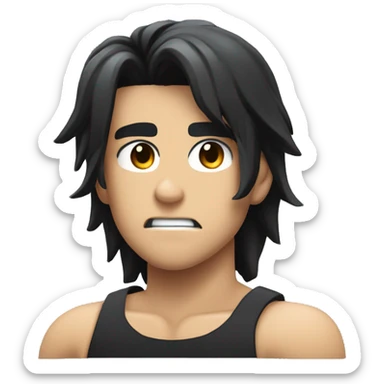Create an emoji of a muscular anime character in profile view, with a serious expression, black hair, wearing a tight black t-shirt, and showcasing defined muscles. The background should be a simple light grey circle. sticker