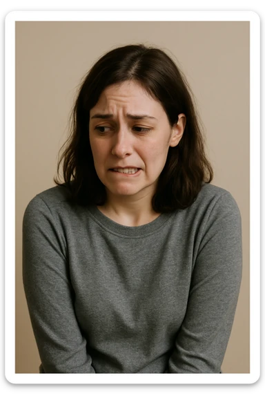 a woman nervously biting her lip, avoiding eye contact, hunched shoulders, showing lack of confidence, simple background sticker
