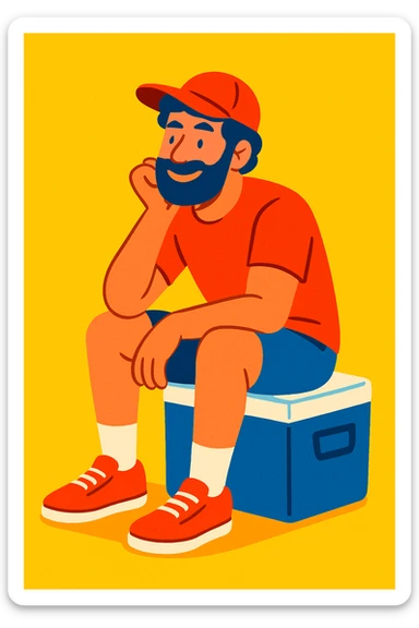 a man sitting on a cooler, relaxed pose, vibrant colors sticker