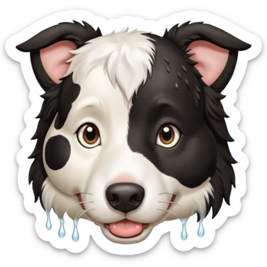 A black and white border collie has the hoof of a cow in her mouth. sticker