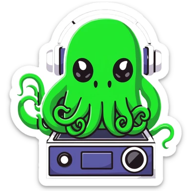 Lovecraftian Cthulhu monster with tentacle face operating audio equipment sticker