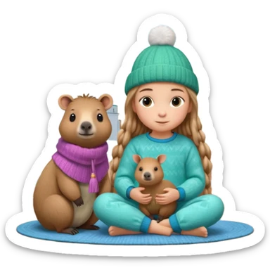 A cute 11-year-old girl with light brown braids in front, wearing emerald green cozy sweater and blue pajama pants, sitting with a fluffy capybara wearing a tiny knitted hat, warm pastel illustration style, soft lighting, Moscow Kremlin spire visible through window in background, 3D render sticker